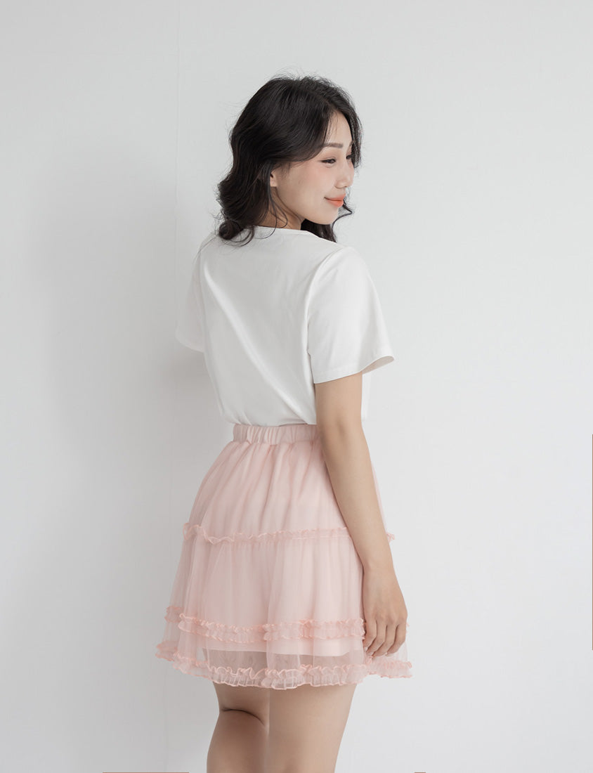 Romantic Ruffle Trim Mesh Tiered Plus Size Mini Skirt