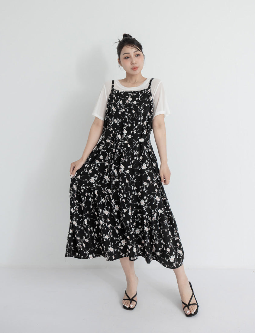 Elegant Floral Cami Strap Plus Size Maxi Dress (With Belt)