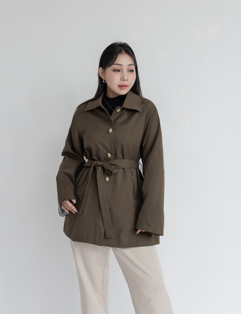 MISS.Korean Style Textured Mid-Length Plus Size Trench Coat (With Belt)