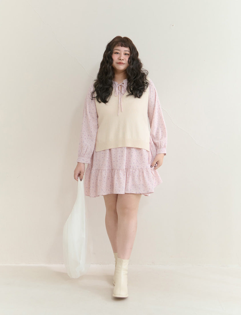 Early Spring Floral Tie-Front Long Sleeve Plus Size Mini Dress