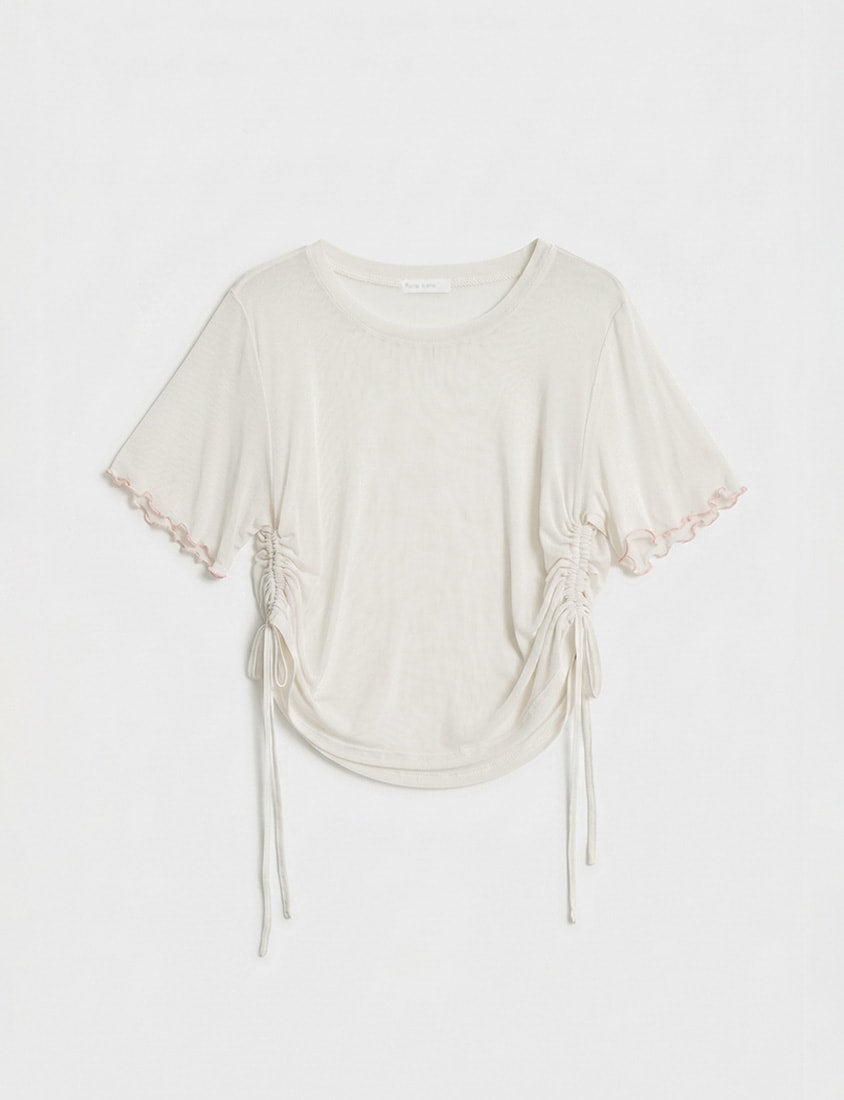 Side Drawstring Sheer Ruffle Sleeve Plus Size Top