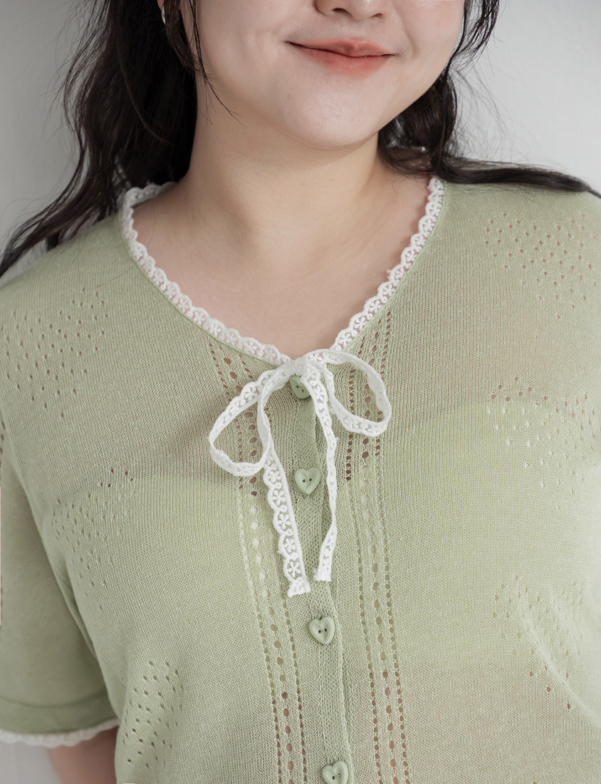 Lace Collar Heart Cutout Plus Size Knit Cardigan