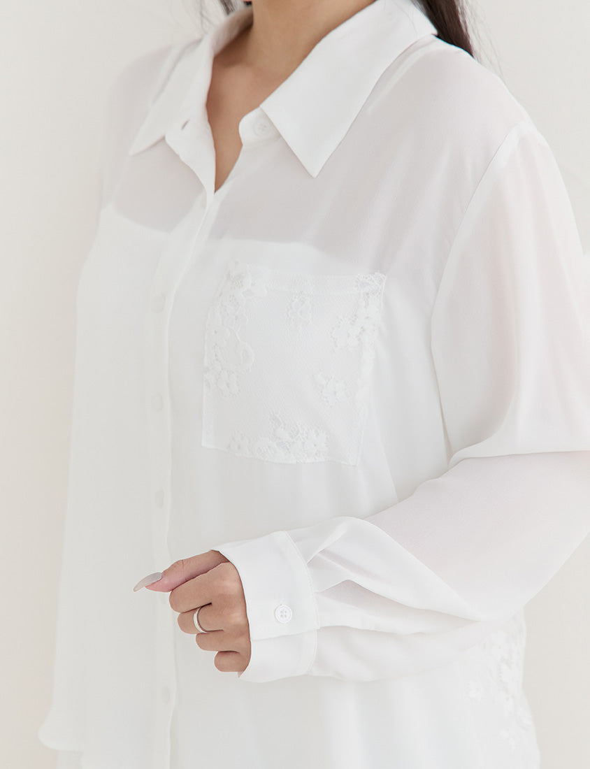 Elegant Lace Patchwork Semi-Sheer Chiffon Plus Size Shirt