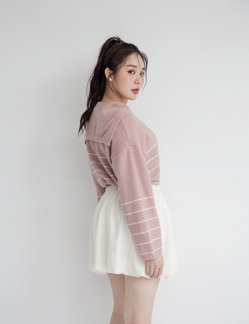Striped Faux-Button Sailor Collar Plus Size Knit Top