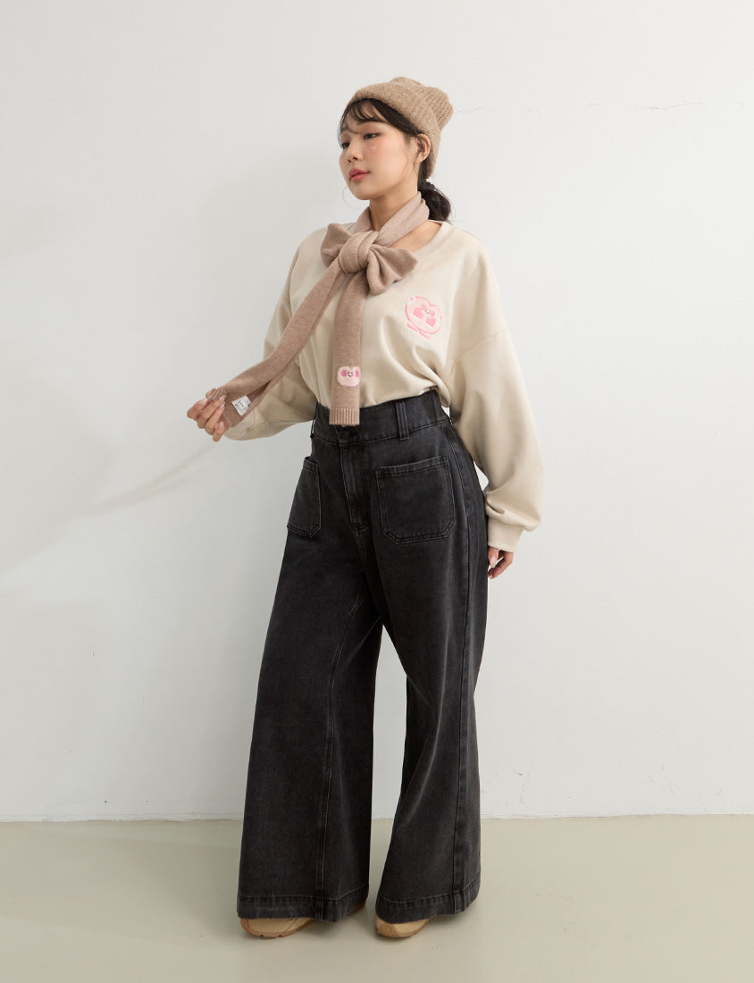 Suede Mittens Embroidered Plus Size Cropped Sweatshirt (Little Heart Collab)
