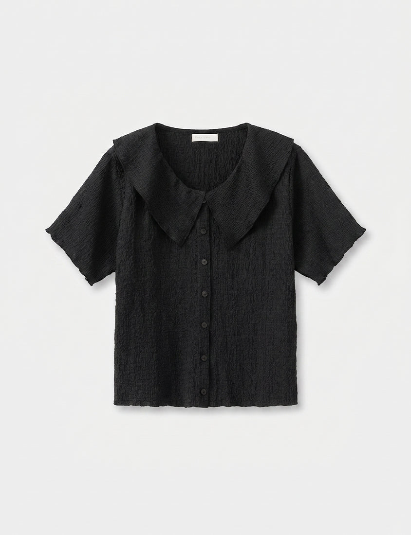 Collared Crinkle Faux Button Short Sleeve Top