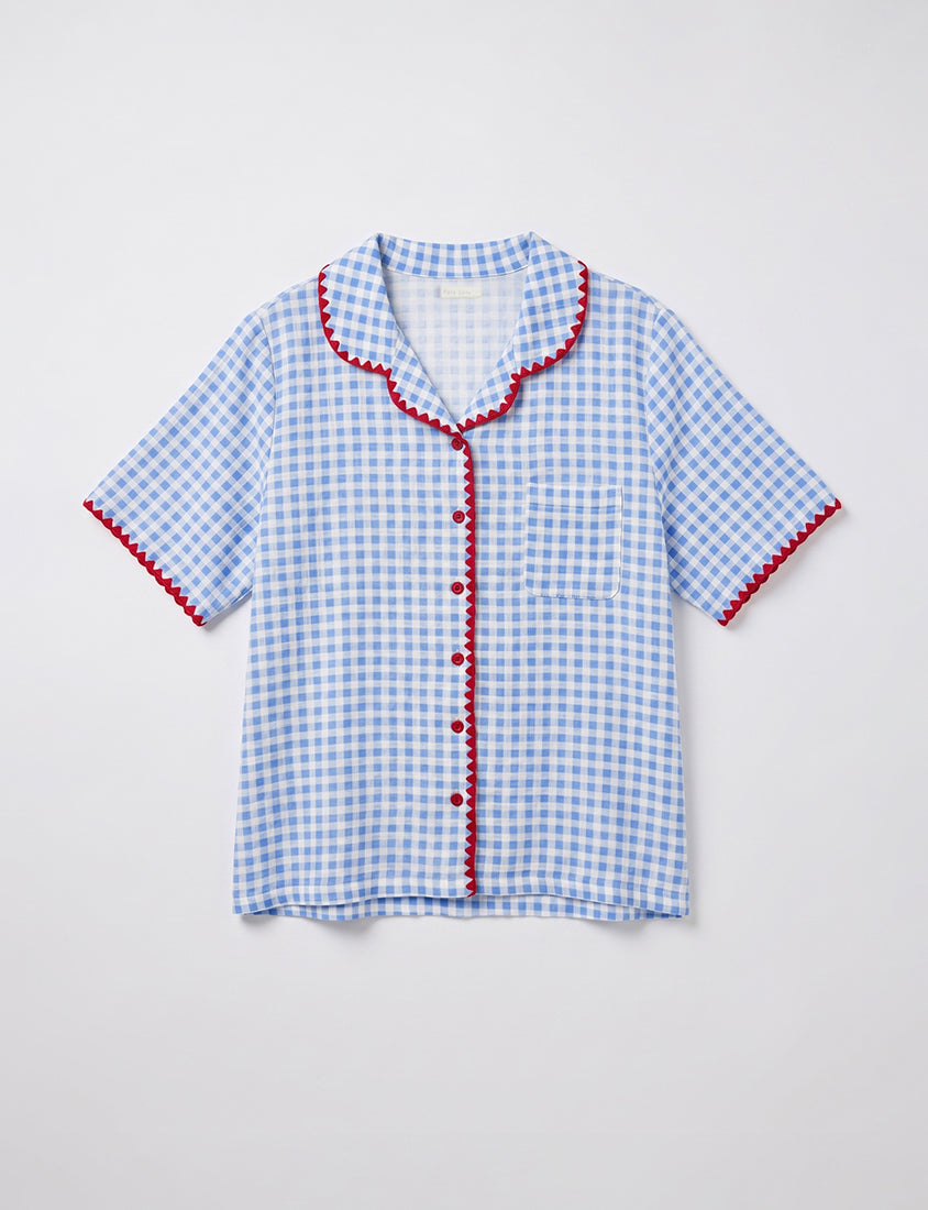 Skin-Friendly Gingham Contrast Frill Casual Plus Size Shirt