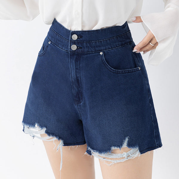 Tencel Silky Denim Double Button Distressed Plus Size Shorts