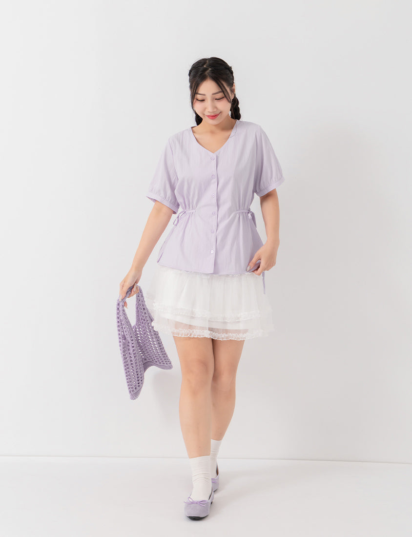 V-Neck Button Front Tie Waist Plus Size Top