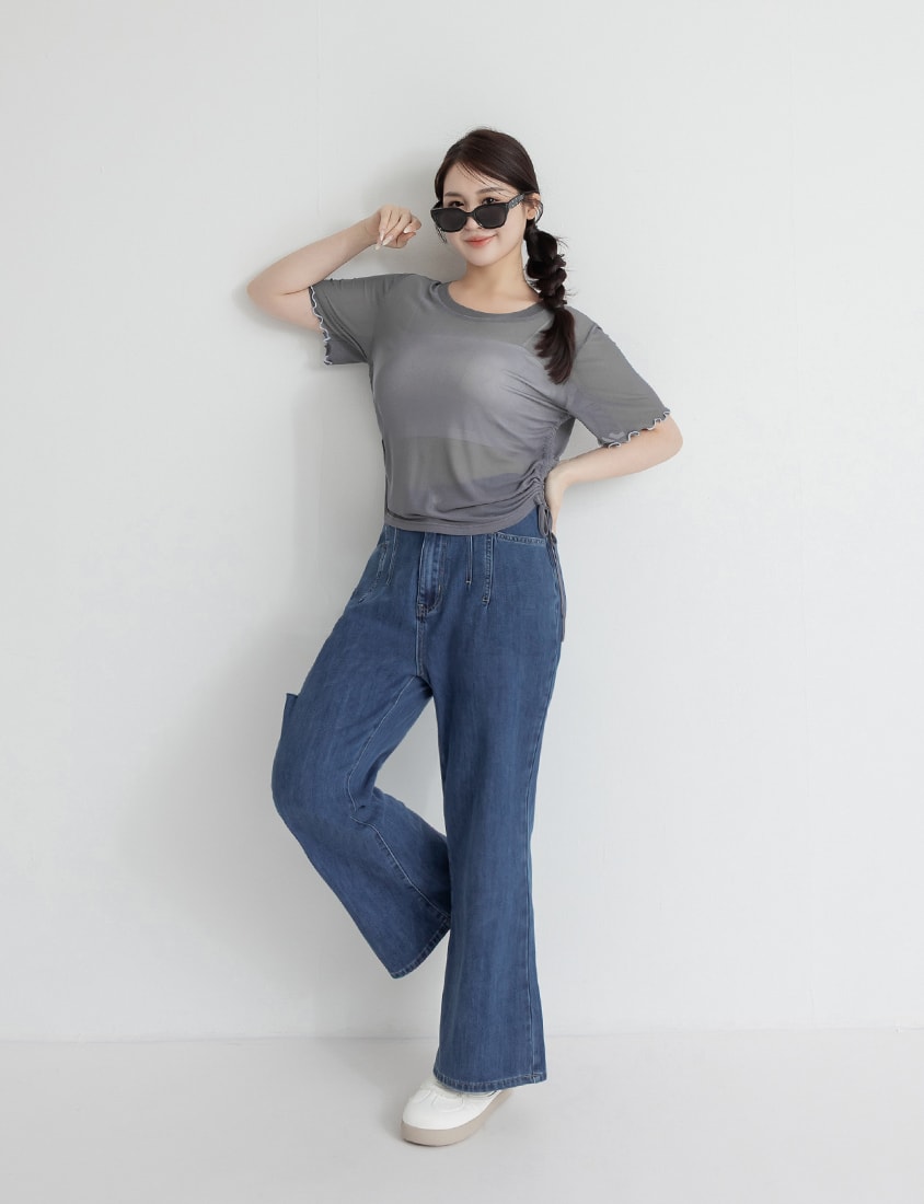 Side Drawstring Sheer Ruffle Sleeve Plus Size Top