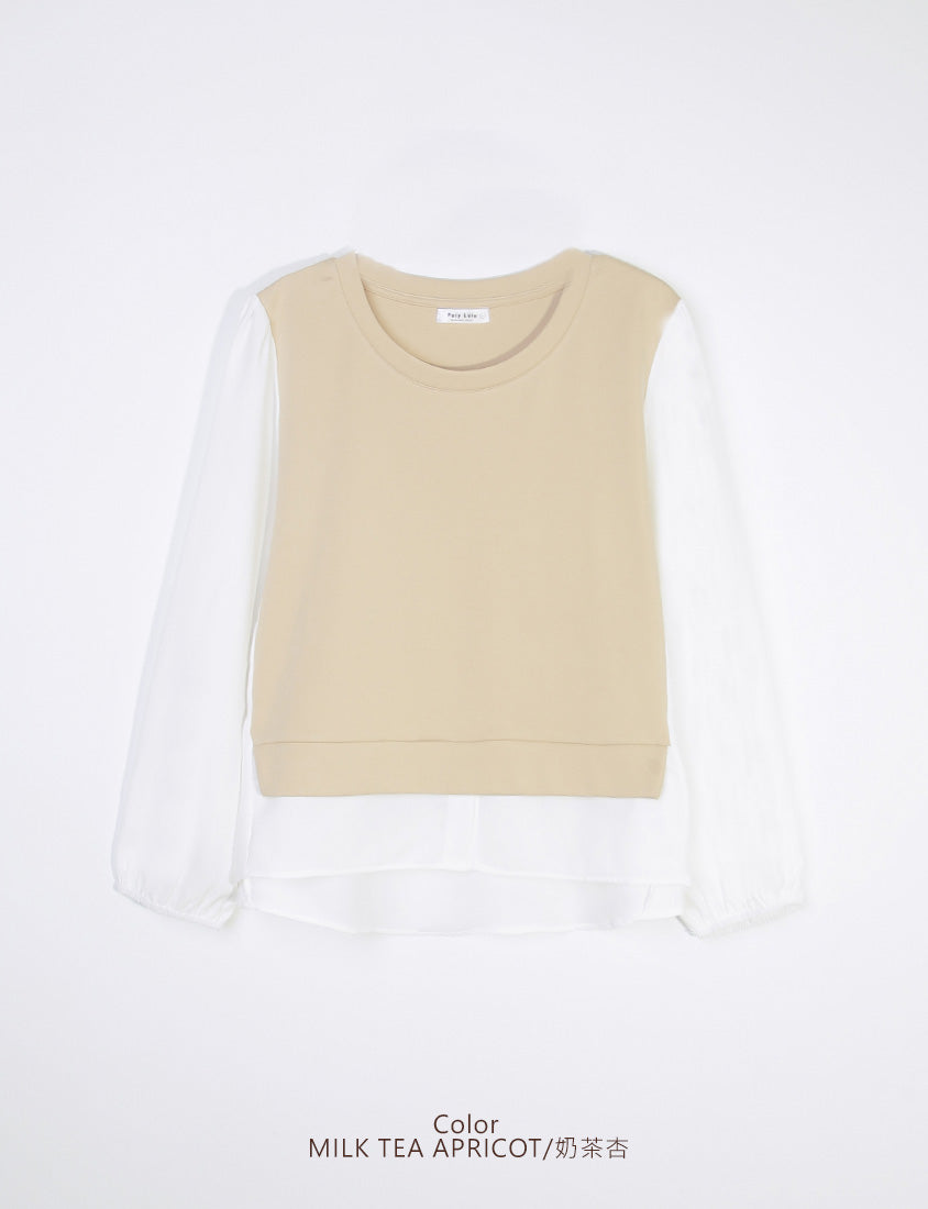 Crewneck Puff Sleeve Faux Two Piece Plus Size Long Sleeve Top