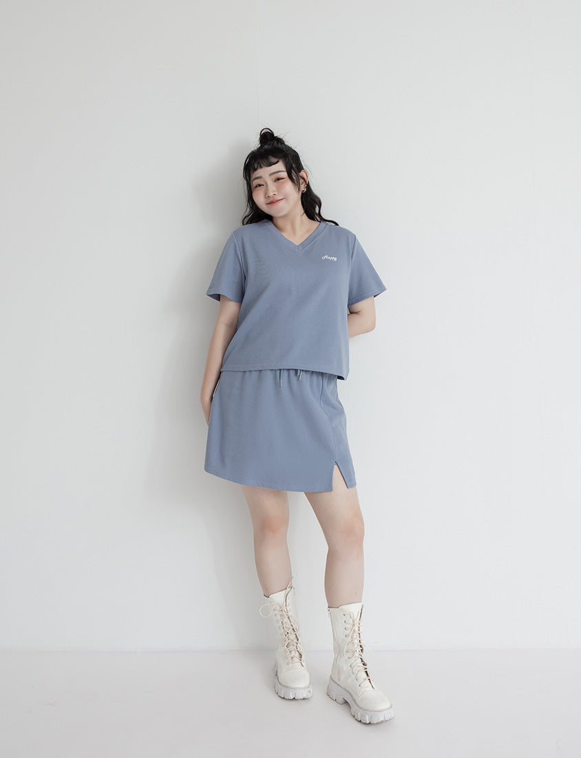 Soft Stretch Cotton Side Slit Drawstring Plus Size Mini Skirt