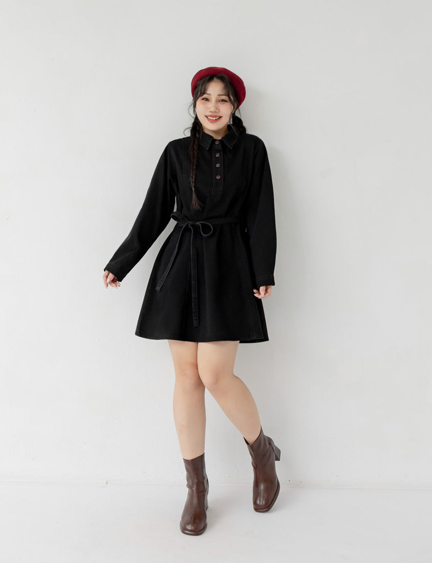 Denim Long Sleeve Tie-Front A-Line Plus Size Mini Dress