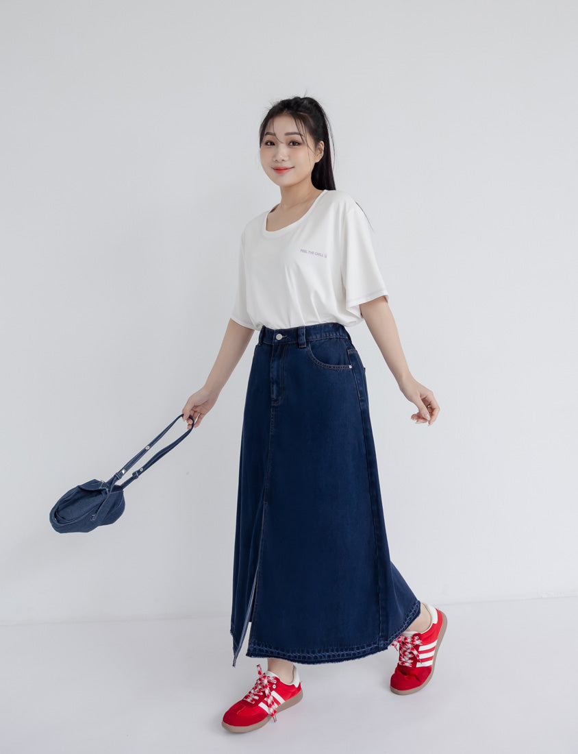 Lyocell Cooling Slit Plus Size Denim Maxi Skirt