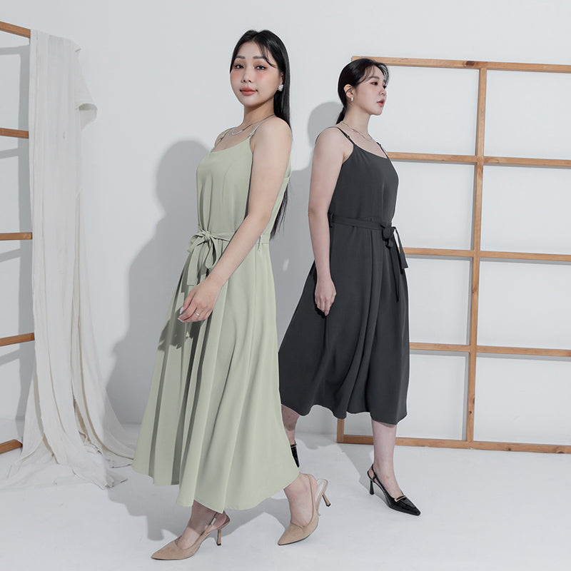 MISS. Silky Cool Refined Cami Strap Plus Size Maxi Dress (With Waist Belt)