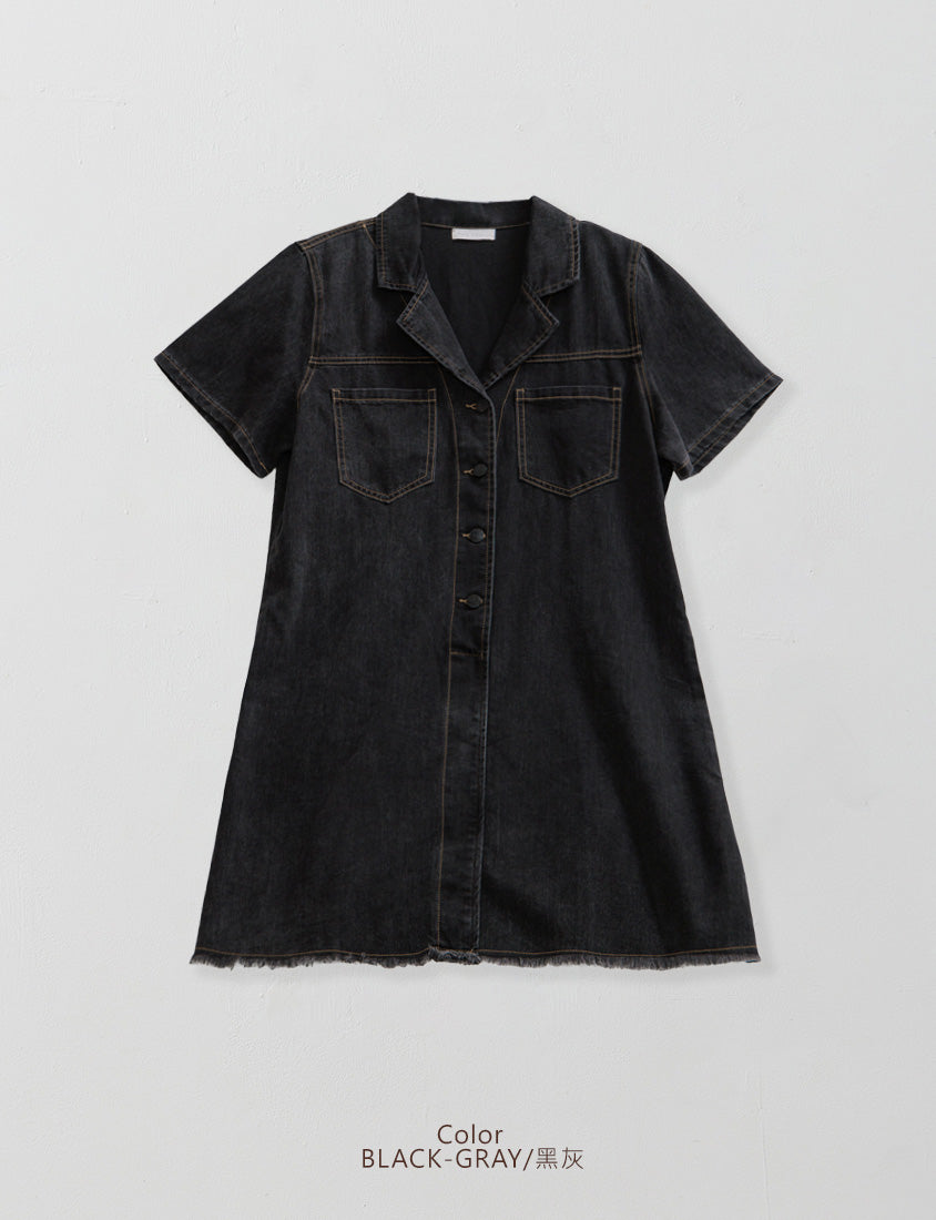 Frayed Hem Pocket Denim Plus Size Mini Dress
