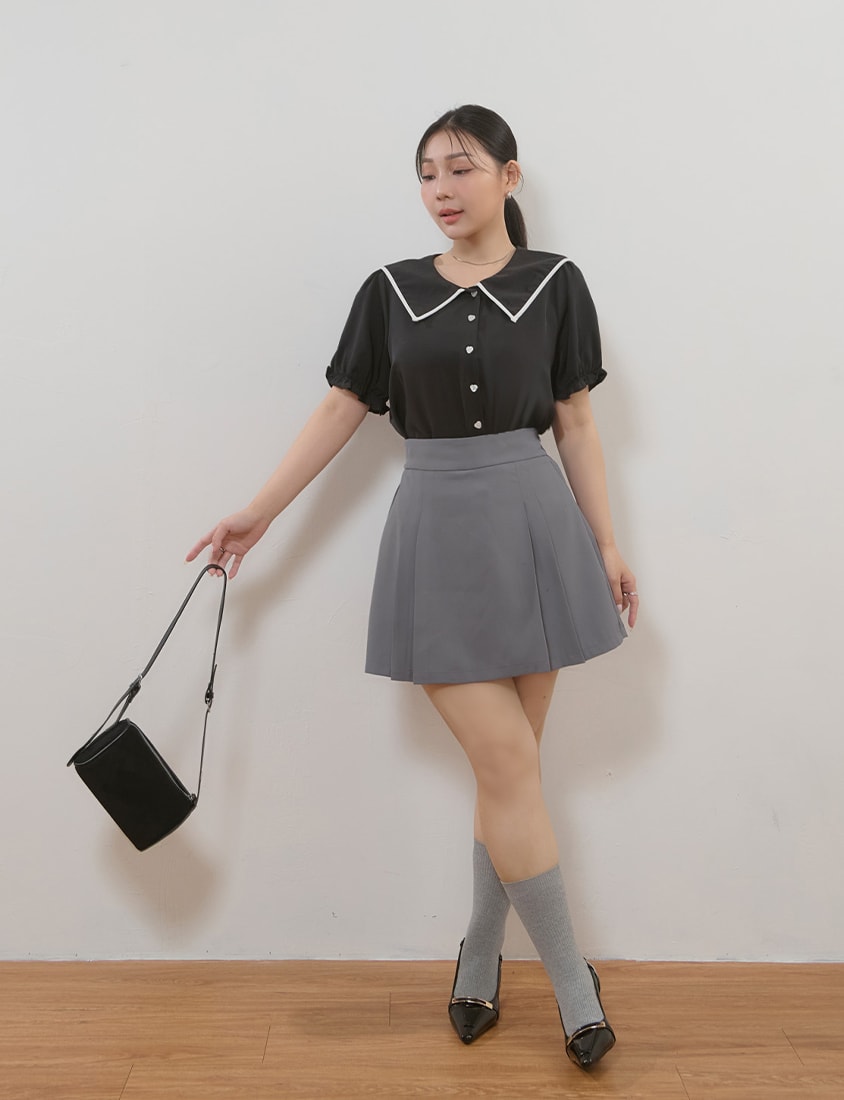 MISS. Contrast Doll Collar Heart Button Plus Size Shirt