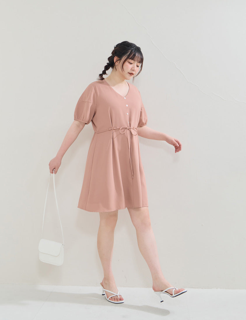 Faux Button Beaded Drawstring V-Neck Plus Size Mini Dress