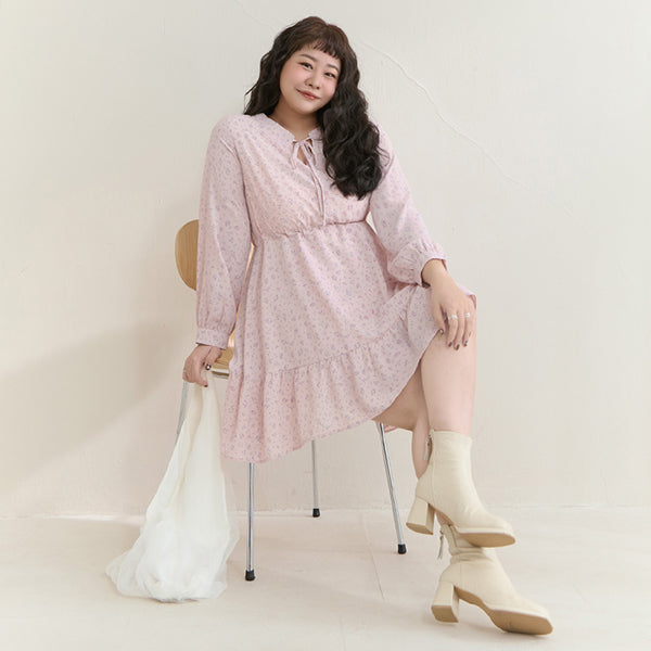 Early Spring Floral Tie-Front Long Sleeve Plus Size Mini Dress – Poly Lulu