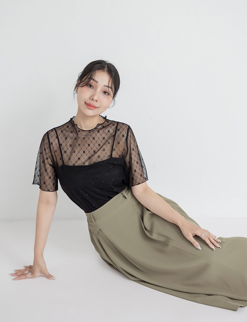 MISS. Sheer Floral Diamond Pattern Short Sleeve Plus Size Top