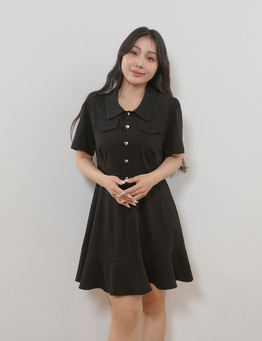 Elegant Heart Button Collar Plus Size Mini Dress