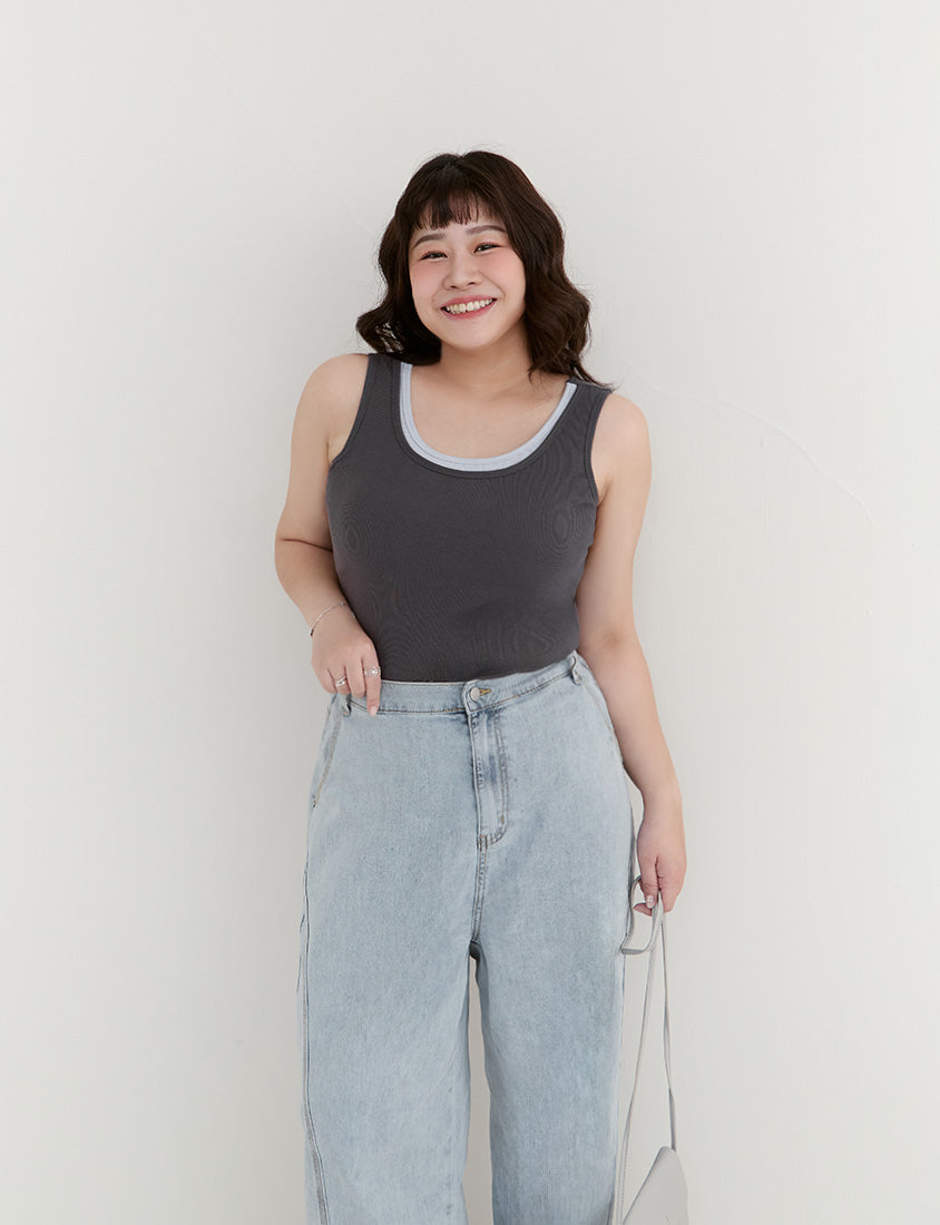 Pobra. Contrast Crew Neck Ribbed Plus Size Bra Tank Top
