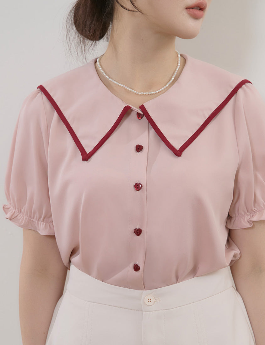 MISS. Contrast Doll Collar Heart Button Plus Size Shirt