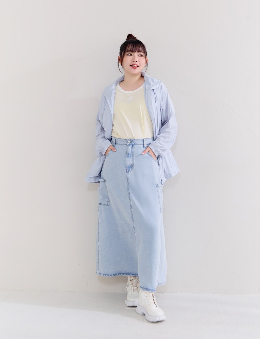 Cooling Lyocell Silky Denim Utility Plus Size Maxi Skirt