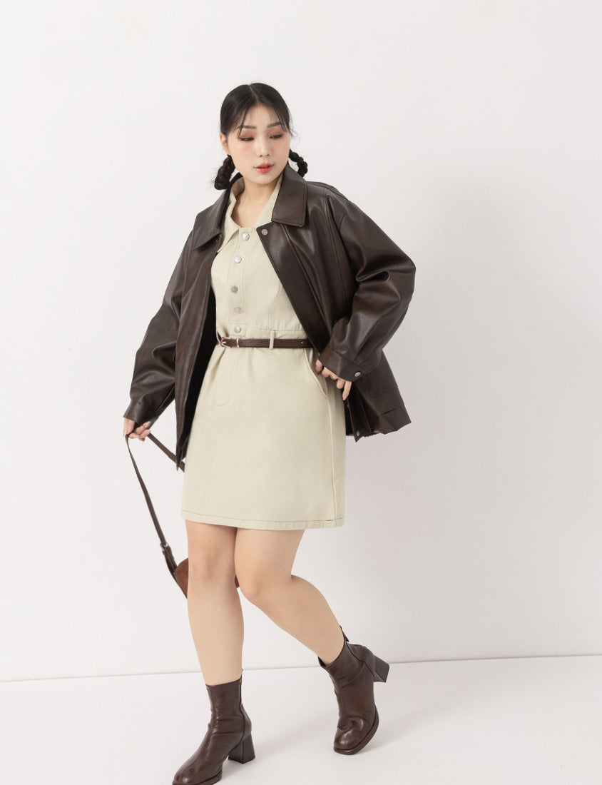 Twill Colorblock Topstitched Button-Up Plus Size Mini Dress (With Belt)
