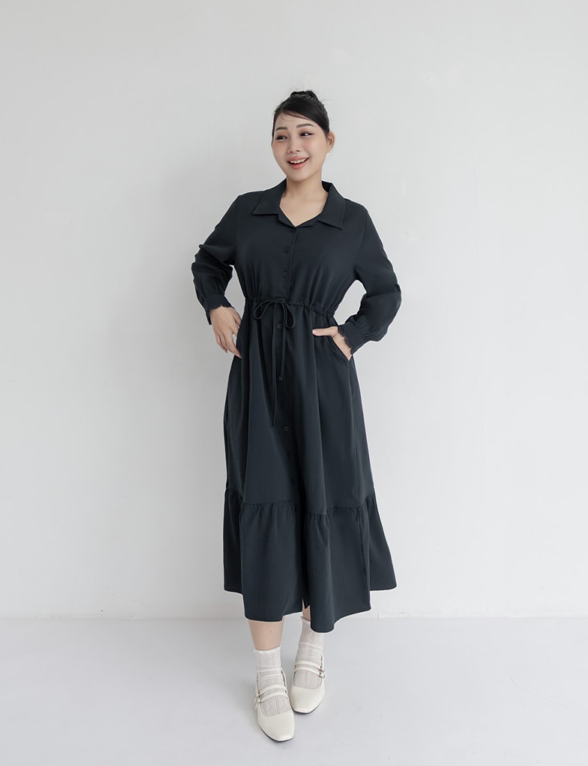 Cuban Collar Drawstring Waist Tiered Plus Size Dress