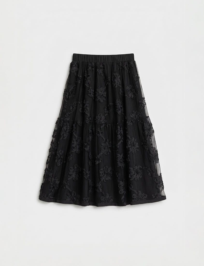 3D Floral Tiered Mesh Plus Size Maxi Skirt