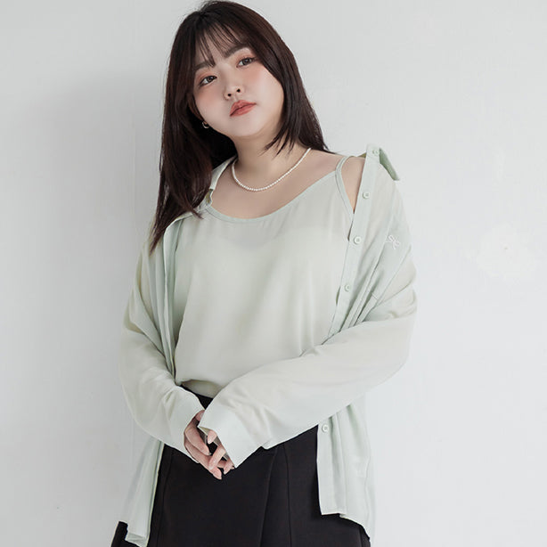 MISS. Two-Piece Sheer Embroidered Plus Size Shirt (With Inner Cami Top)