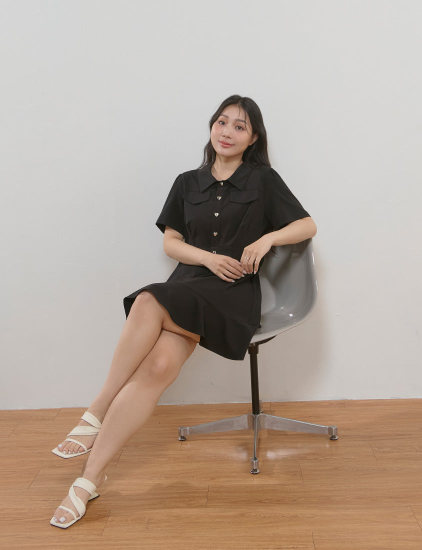 Elegant Heart Button Collar Plus Size Mini Dress