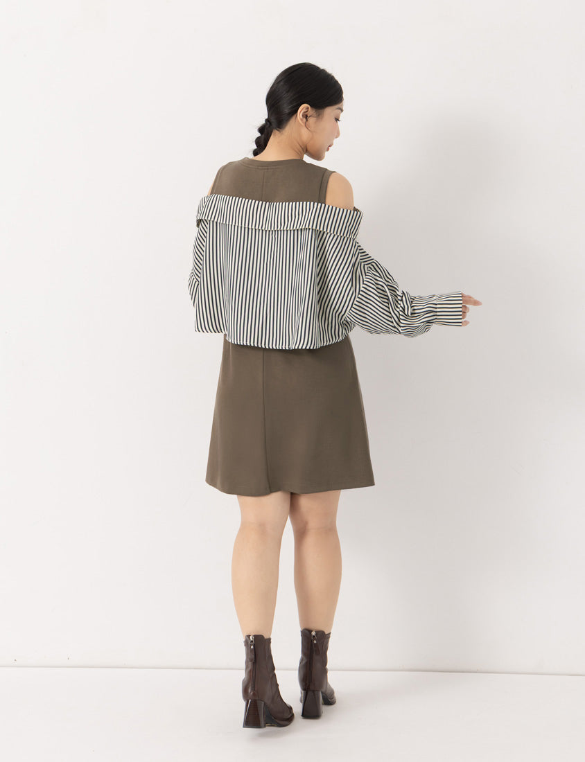 Faux Two Piece Cloud Cotton Contrast Stripe Plus Size Dress