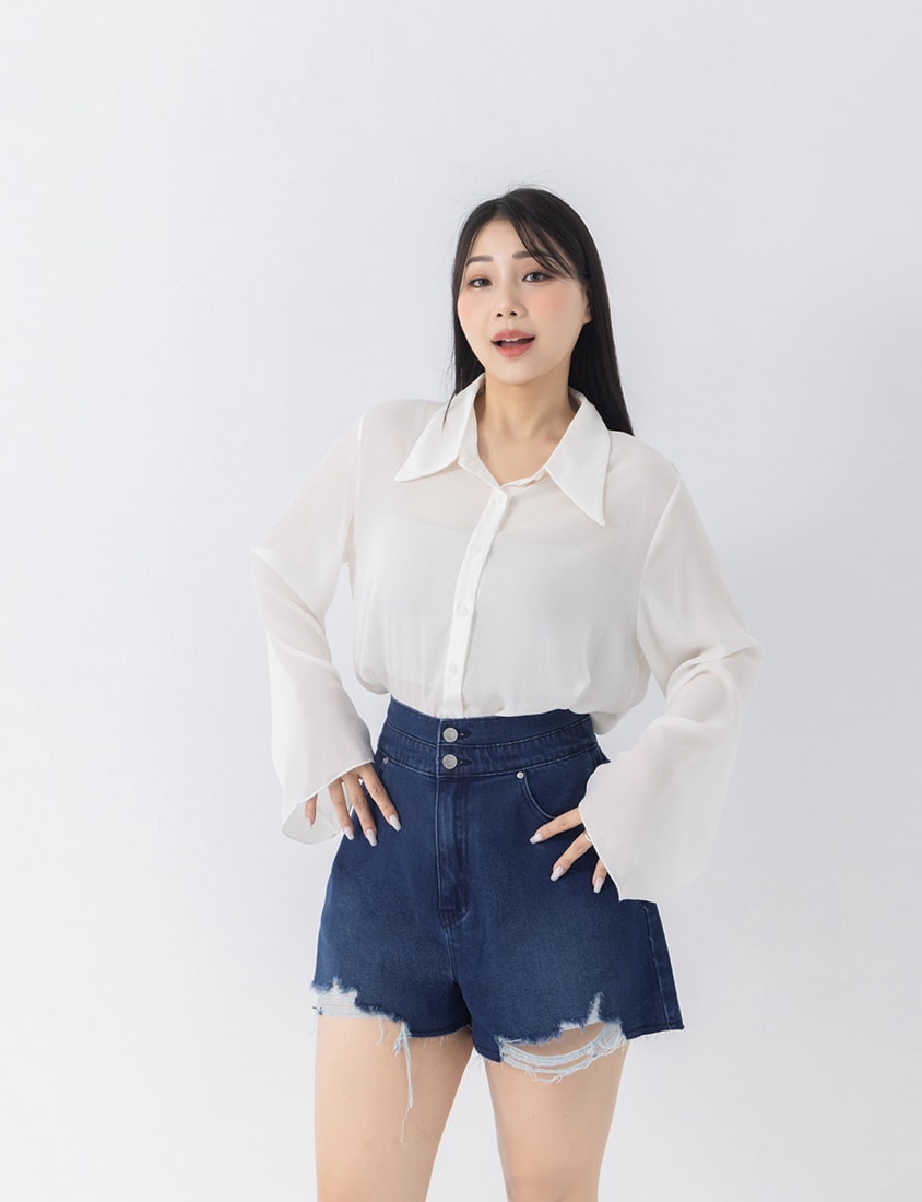 Sheer Crinkle Bell Sleeve Cropped Plus Size Shirt