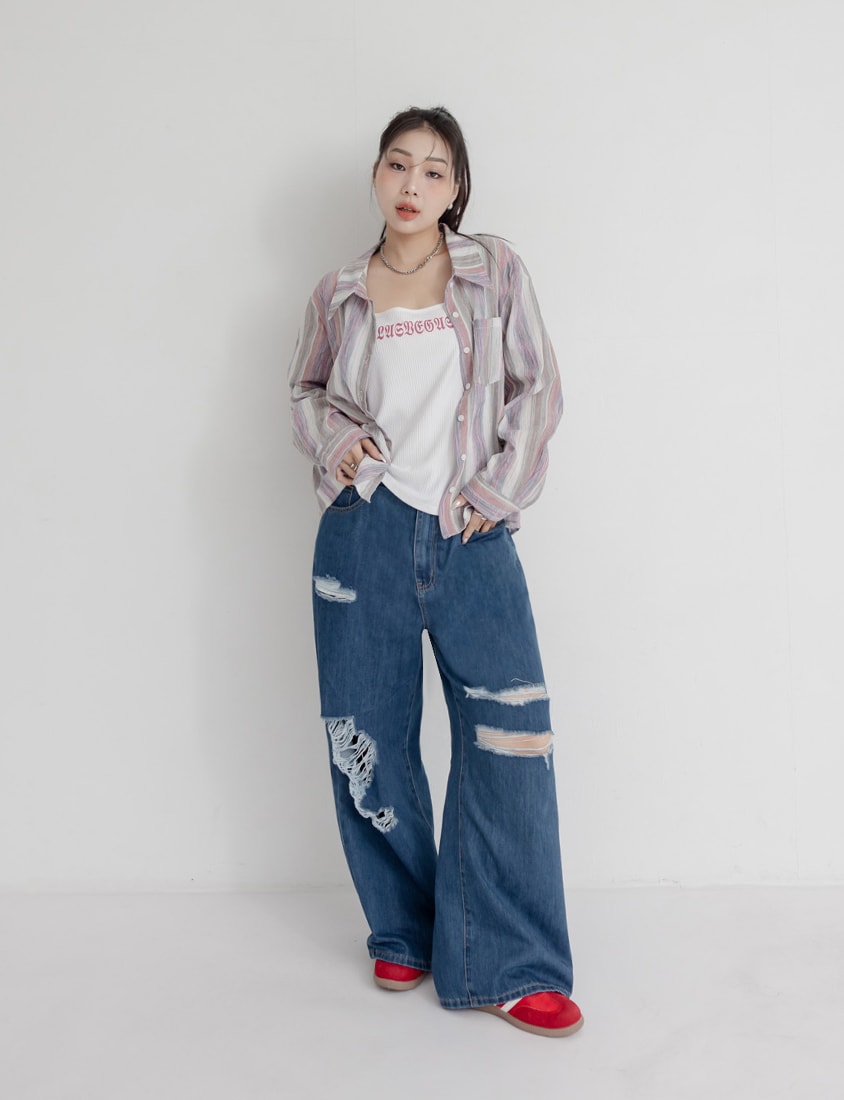 MUA! Tie-Dye Contrast Stripe Long Sleeve Plus Size Shirt