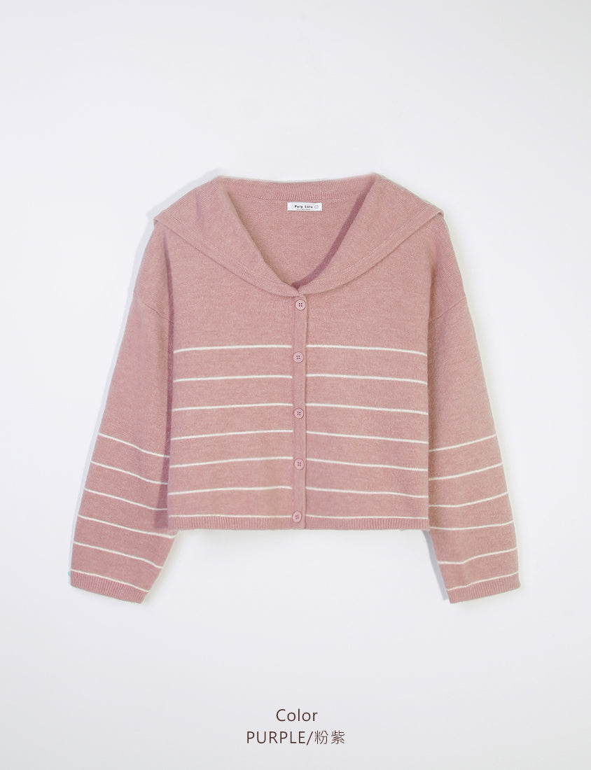Striped Faux-Button Sailor Collar Plus Size Knit Top