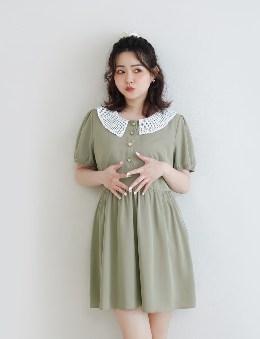 Lace Large-Collar Puff Sleeve Plus Size Mini Dress