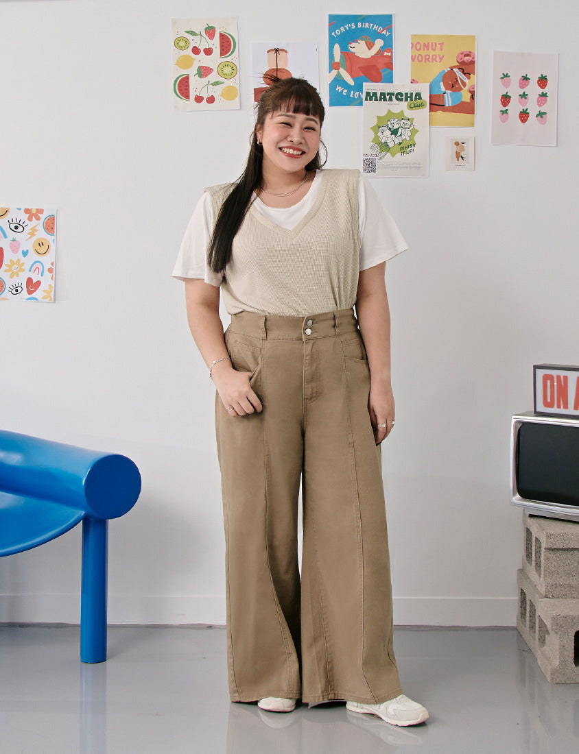 Apple-Shaped Friendly! Perfect Fit Twill Cotton Plus Size Wide Pants