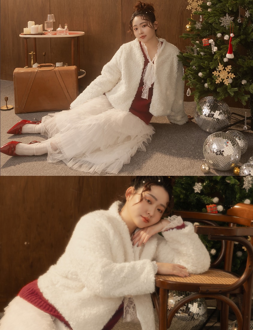 MISS. Japanese Style V-Neck Curly Knit Plus Size Cropped Jacket