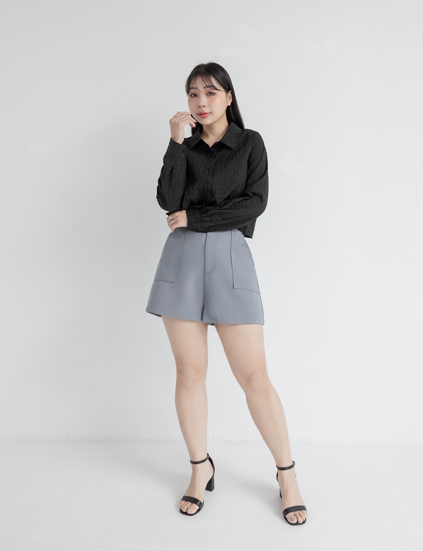 MISS. Sheer Plaid Cropped Plus Size Long Sleeve Shirt