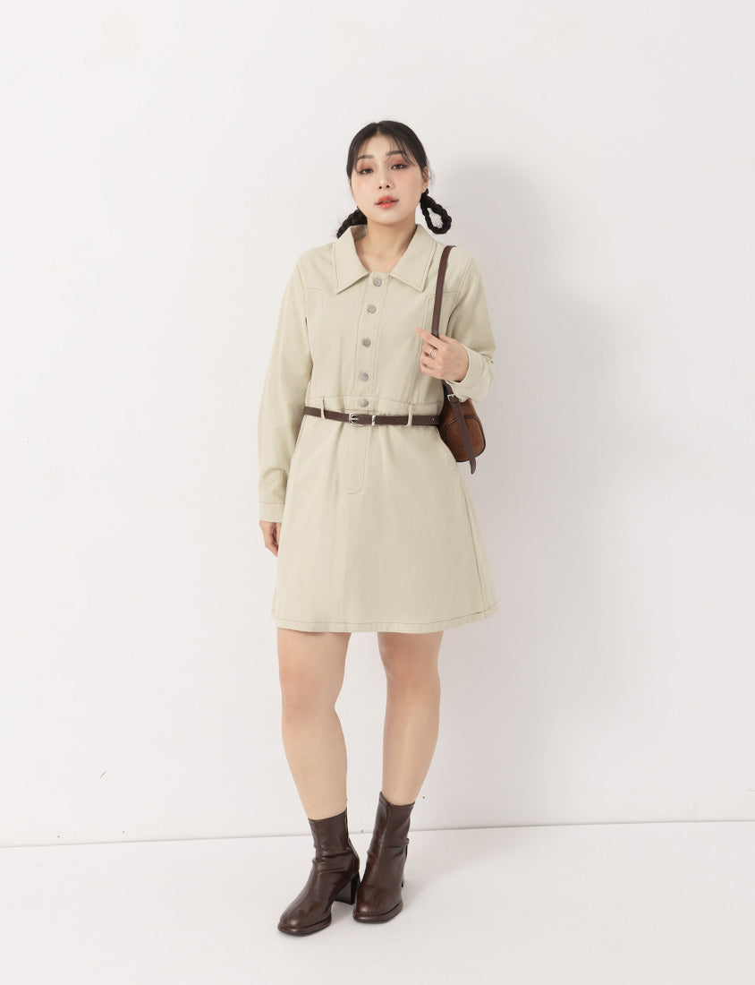 Twill Colorblock Topstitched Button-Up Plus Size Mini Dress (With Belt)