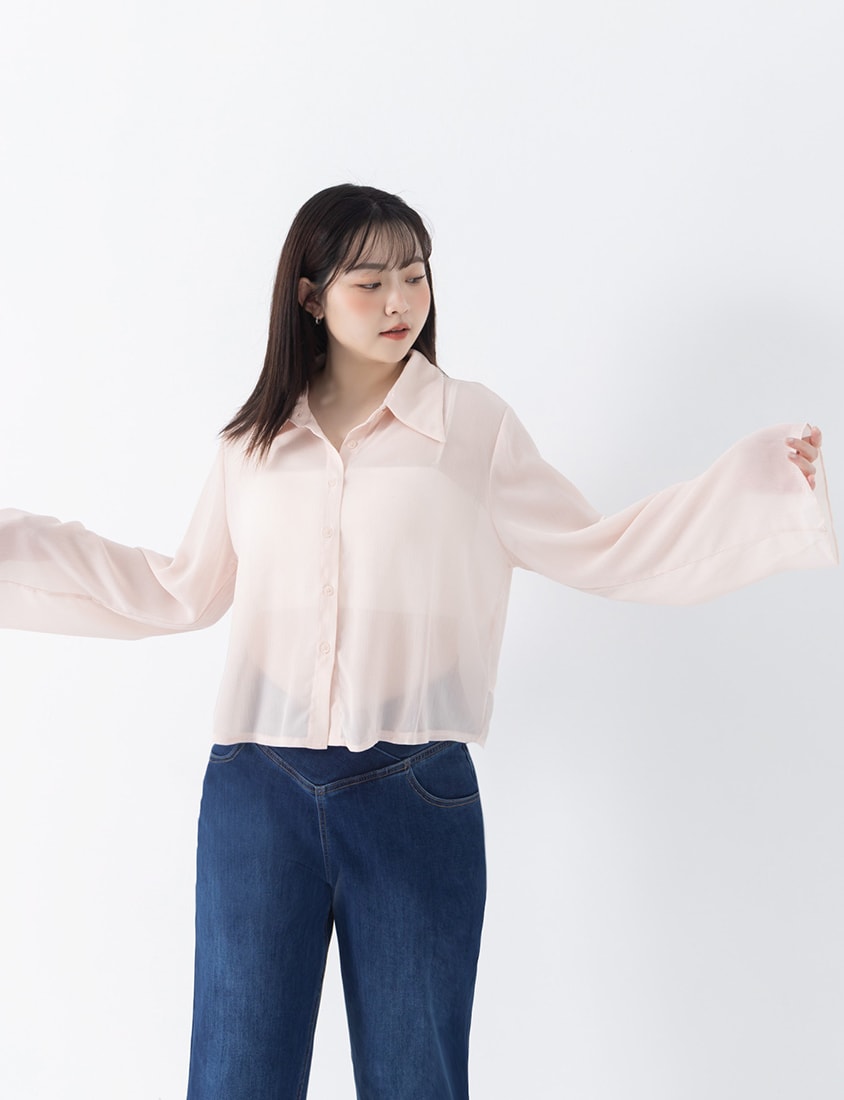 Sheer Crinkle Bell Sleeve Cropped Plus Size Shirt