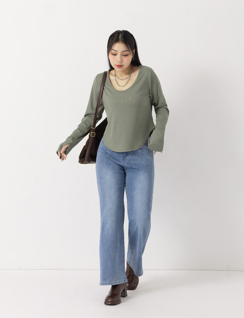MUA! U-Neck Ribbed Curved Hem Plus Size Long Sleeve Top