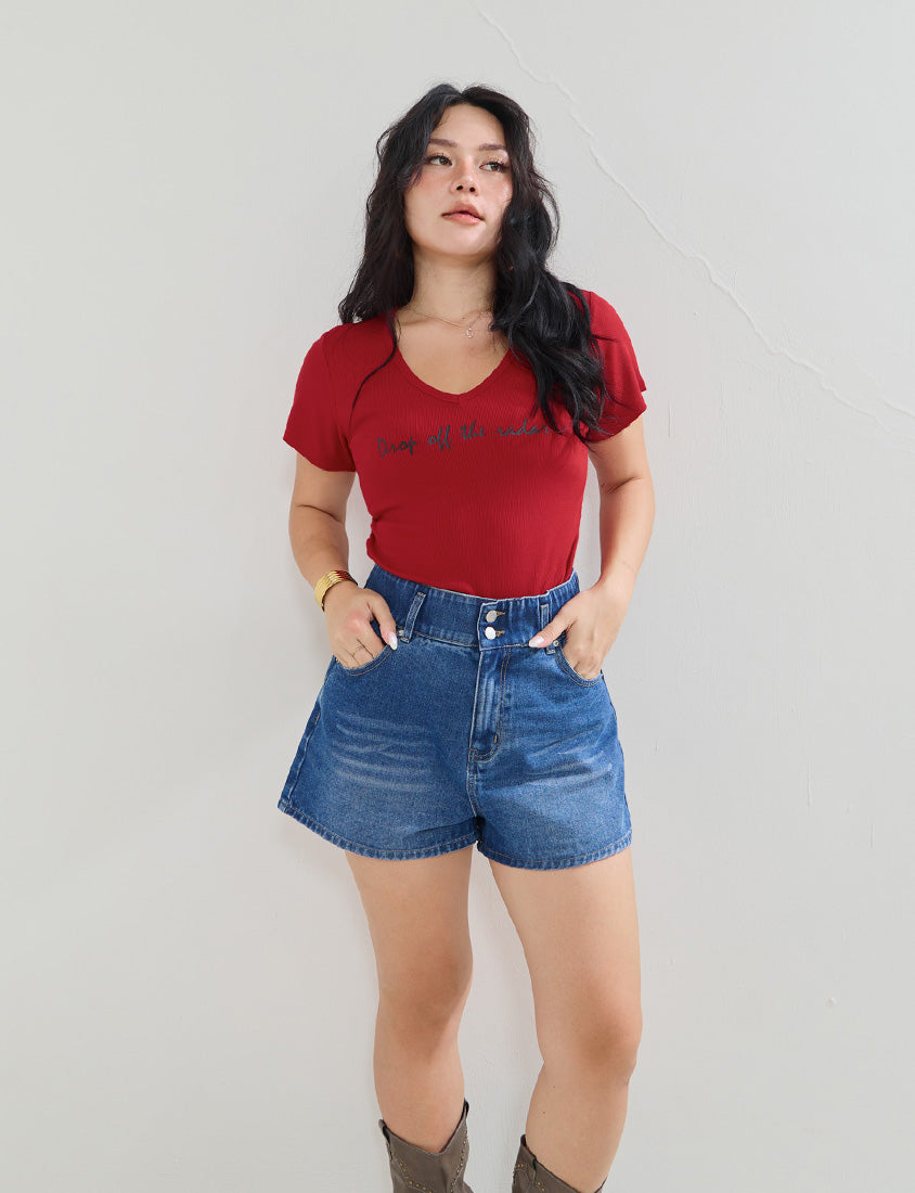 MUA! V-Neck Printed Ribbed Plus Size Top