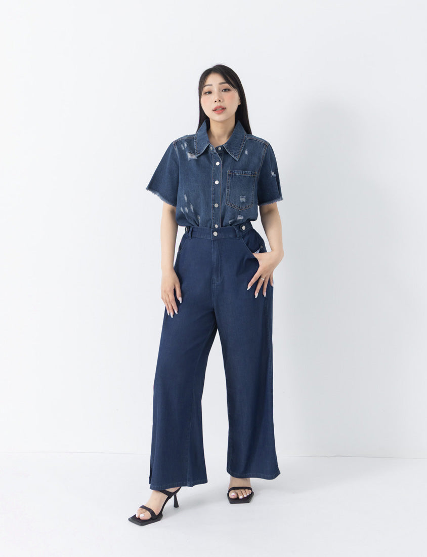 Tencel Silky Denim Distressed Plus Size Shirt Jacket
