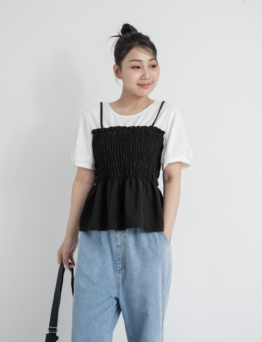 Sweet Crinkle Faux Two-Piece Short Sleeve Plus Size Top