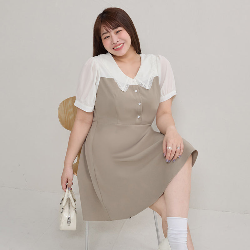 Faux Two Piece Lace Collar Plus Size Mini Dress