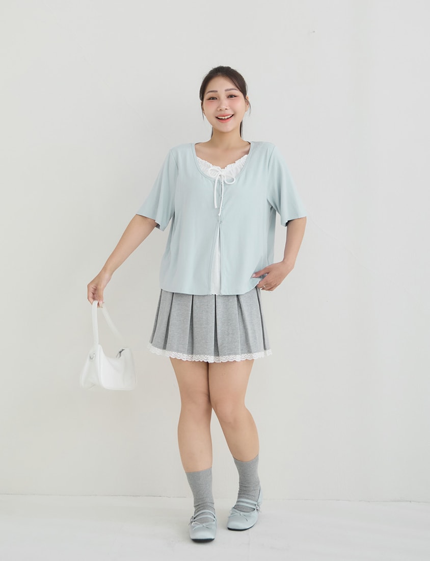 Korean Style Lace Trim Faux Two Piece Plus Size Top
