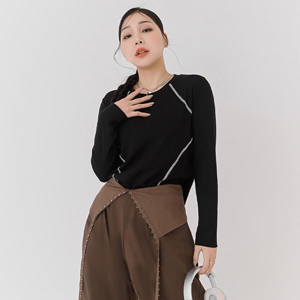 Round Neck Colorblock Topstitch Plus Size Slim Fit Top